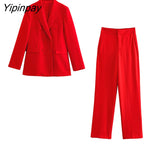 Yipinpay 2023 Spring Office Lady Red Blazer Suits Sets Women Fashion Double Breasted Jacket Solid High Waiste Zipper Straight Pants