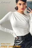 yipinpay Sleeve Top White T-Shirts Women Basic Crop Top Autumn Pollover Solid Skew Neck T Shirt Streetwear Basic Black Y2K Tees