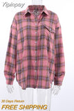 Yipinpay Pink Plaid Shirts And Tops Women Street Wear Gingham Casual Long Sleeve Top Single-Breasted Oversize Shirt Ladies