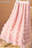 yipinpay Fashion Luxury Elegant Fairy Long Maxi Skirt Women Mesh Layers Pleated Korean Cupcake Skirts for Woman Faldas 96cm