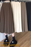 Yipinpay Long Pleated Skirt Women Vintage Korean Fashion Solid High Waist A-line Midi Skirt School Girl Elegant Casual Autumn