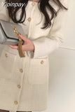 Yipinpay Square Neck Tweed Dress Mini Long Sleeve Pocket Vestido Curto Fall 2023 Winter White Vintage Elegant Black Korean Vestido
