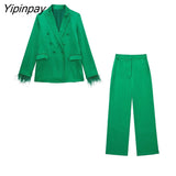 Yipinpay 2023 Women Feathers Sleeve Blazer Pant Sets Autumn Winter Double Breasted Office Outfits Jacket Zipper Trousers Outwear