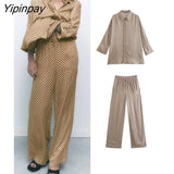 Yipinpay 2pcs Women Geometric Print Pant Shirt Sets 2023 Summer Long Sleeve Turn Down Collar Blouse+Wide Leg Trouser Causal Outwear