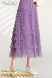 Yipinpay Solid Color Cake Long Skirt Mesh Puffy Women Sexy Korean Floor Length Party Skirts Loose Elastic Female Ball Gown Summer