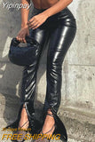 Yipinpay Sexy Women PU Leahter Flare Pants Autumn Fashion Solid Color High Waist Slim Split Hem Bell-Bottoms Trousers Streetwear