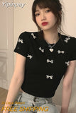 Yipinpay Sexy Crop Tops Bow Beaded Tshirt Women White Short Sleeve T-shirts Cotton Korean Y2k Clothes Graphic Tee Spring Summer