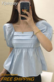 Yipinpay Blue Square Casual Loose Short Sleeve Shirts Pleated Blusa Feminina Puff White Doll T-shirts Y2k Shirts for Women New
