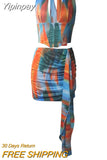 Yipinpay Printed 2Pieces Top Skirt Suits Women's Summer Streetwear Outfit Sleeveless Halter Corset Crop Tops+Bodycon Mini Skirts