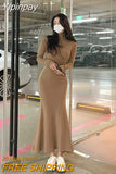 Yipinpay Hip Stretch Khaki Half Turtleneck Mermaid Dress Women Bodycon Vestido Feminino Wild Autumn Bottom Black Knit High Waist