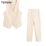 Yipinpay Newest Spring Autumn Women Vest Pant Sets 2023 Suit Office Outfits Pockets Jackets Wide Leg Trousers Basic Zipper Long Pant