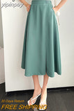 yipinpay Elastic Waist Midi Skirt Women Green Summer Lining Pocket Buttons Leisure Vintage A-line Long Skirts for Woman Clothes