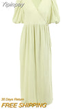 Yipinpay Elegant Women Cotton Midi Dress Green Robe V-Neck Puff Sleeve Wrap Dress Lady Dress Summer Loose Dress 2023 Lace-Up