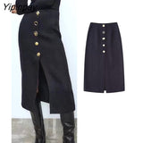 Yipinpay 2023 Women Solid Straight Skirts Spring Autumn High Waist Front Split Single Breasted Skirt Female Zipper Midi A-line Skirt