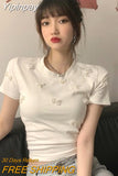 Yipinpay Sexy Crop Tops Bow Beaded Tshirt Women White Short Sleeve T-shirts Cotton Korean Y2k Clothes Graphic Tee Spring Summer