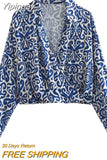 Yipinpay Blue Print Crop Top Women Wrap Cropped Shirt Woman Long Sleeve Summer Blouses Woman 2023 Elegant And Vintage Women's Blouse