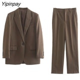 Yipinpay Women Office Outfits Blazer Suit 2023 Autumn Winter 2Pcs Single Button Notched Jacket+Zipper Long Trousers Basic Outwear