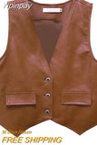 Yipinpay V-neck Leather Vest Women Korean Fashion Cropped Streetwear Vest Leather Vintage Casual Sleeveless Leather Outwear 2023 New