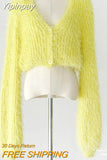 Yipinpay Autumn Sweet Sexy V Neck Mohair Pink Knitted Sweater Crop Long Sleeve Cardigan Temperament Elegant All-match Solid