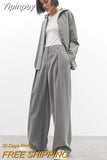 Yipinpay Classic Grey Pleated Pants Woman 2023 Vintage Outfit Spring Baggy Pants Office Trousers Pocket Wide Leg Pants Ladies