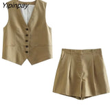 Yipinpay 2Pcs Ladies Vest Blazer Sets 2023 Spring Autumn V-neck Solid Single Breasted Jacket+A-Line Short Trouser Causal Basic Suits