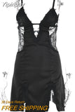 Yipinpay Black Lace Patchwork Sexy Dress For Summer Women V-neck Spaghetti Strap Short Dresses 2023 Femme Backless Party Vestidos