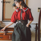 Yipinpay Sweet Women Blouses Vintage Preppy Style Sweet Lace Up Bow Turn-down Collar Solid Female Tops HOT