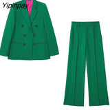 Yipinpay New Women Blazer Suit Sets 2023 Autumn Winter Double Breasted Office Outfits Jacket+Zipper Flare Trousers Outwear