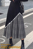 Yipinpay 2023 Autumn Winter Houndstooth Knitted Long Skirts Women Vintage Black High Waist Midi Pleated Skirt Elegant Casual