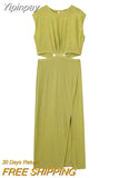 Yipinpay Cut Out Midi Dress Woman Backless Summer Long Dresses For Women 2023 Ruched Sleeveless Holiday Elegant Party Dresses
