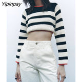 Yipinpay Fashion Women Striped Backless Knitted Sweater 2023 Bandage Long Sleeve O-neck Pullover Simple Causal Sexy Short Tops
