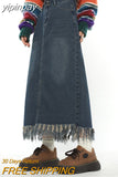 yipinpay Women Blue Denim Half Body Skirt Tassels Bottoms High Waist Casual Korean Mid Length Skirt Baggy Vintage Female Long Skirt