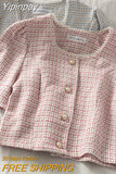 Yipinpay Round Short Sleeve Tweed Top Women Single-breasted Cardigan Jacket Pink Plaid Shirts Crop Button Blusas Mujer Camisas