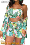 Yipinpay New Women Boho 3Pcs Floral Print Cardigan Blouse+Crop Top+Shorts Lady Holiday Beach Three Pieces Set Casual Shorts Sets
