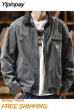 Yipinpay Autumn/Winter Detroit Washed Old Canvas Jackets Felt Style mens jacket Japanese Streetwear Korean Fashion Harajuku