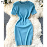 Yipinpay Women Korean Elegant Knitted Dress Short Sleeve O-neck Mini Dress Solid Elastic Slim Casual Summer Pencil Dress