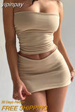 yipinpay Casual Summer 2023 Khaki Basic Club Skirt Women Set Off Shoulder Crop T Shirt Tops And Short Wrap Sexy Skirt Two Piec Set