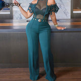 Yipinpay Women Elegant Solid Mesh Patchwork Lace Short Sleeves Off Shoulder Button Decoration Sexy Straight Jumpsuit