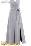 Yipinpay Summer Sleeveless V-neck Large Size Slim Temperament Shiny Dress Banquet Party Slit Long Dress