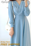 Yipinpay Women V-neck High Waist Dress Solid Elegant Luxury Long Midi A Line Dress Female Kpop Style Retro Ladies Vestidos