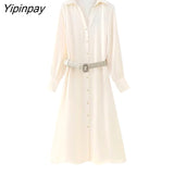 Yipinpay Women Soft Silk Loose Dresses With Belt 2023 Summer Turn Down Collar Long Dresses Sweet Fashion Long Sleeve Vestidos