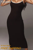 Yipinpay Ribbed Spaghetti Strap Cotton Dress Women Sleeveless O-Neck Summer Dress Solid Backless Long Party Dress