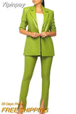 Yipinpay New PU Leather High-end Solid Suit Set Women Of Quality Office Lady 3/4 Sleeve Long Pants Slim Women 2 Piece Set