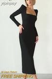 yipinpay Spring Fall Sexy Low Cut Long Dresses for Women Slim Square Collar French Black Elegant Bodycon Dress Ladies Vestidos