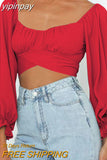yipinpay Sleeve Top Women Tie Back Crop Top Y2K Square Neck T Shirt Slim Lantern Sleeve Tops New Year 2023 Fall Spring Woman Clothes