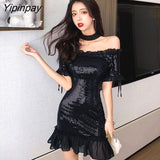 Yipinpay New Spring/Autumn Women Dress Sexy Slim Shiny Black Party Dress Female Bodycon Dress