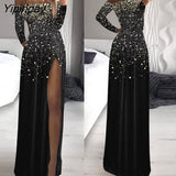 Yipinpay Women Elegant Chic Allover Print Gradient Long Sleeves Mesh Patch High Silt Maxi Party Dresses