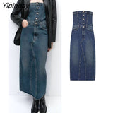 Yipinpay Women Elegant Mid-Calf Denim Dresses 2023 Fashion Off Shoulder Female Party Vestidos Back Split Pockets Dresses Outwear