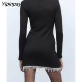 Yipinpay Autumn Women Beading Knitted Dresses 2023 Elegant Ladies O-neck Mini Slim Tassel Dresses Long Sleeve Simple Soft Vestidos