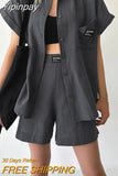 Yipinpay Streetwear Cotton Linen Women 2-Pieces Suits With Shorts Casual Shirts And Letter Shorts Outfits Summer Ladies Sets